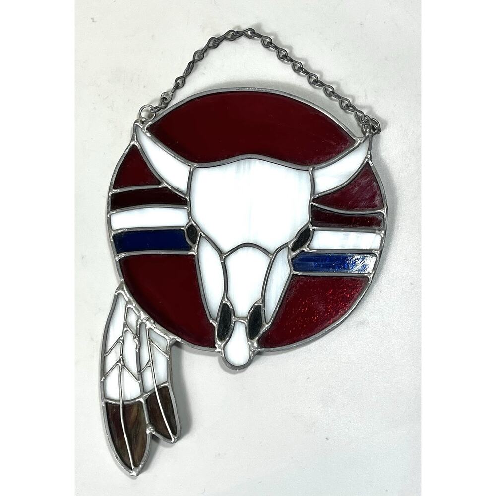 Stained Glass Bull Skull Wall Hanging - White & Deep Red